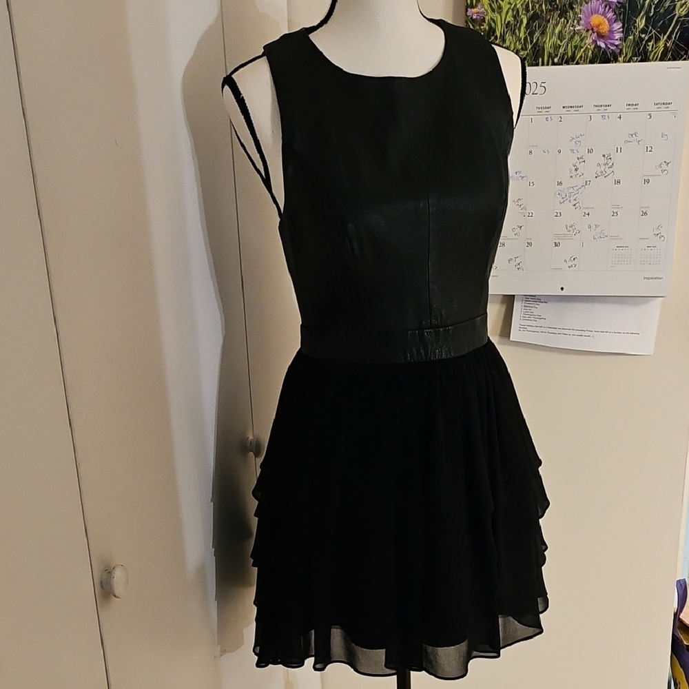 Warehouse Black Sleeveless Mini Dress, Leather And Layered Chiffon Sz 6/8